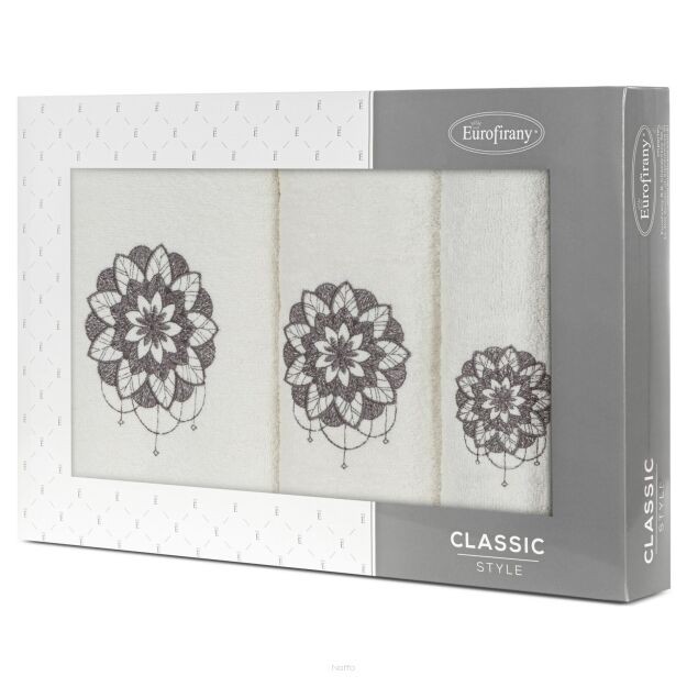 Komplet ręczników 3 szt. LOTUS kremowe z haftowanym grafitowym wzorem kwiatu lotosu w kartonowym pudełku