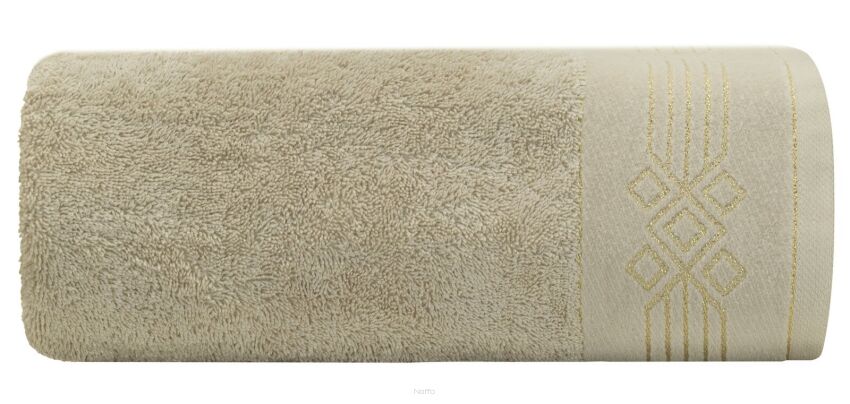 Ręcznik bawełniany 70x140 KAMELA beżowy z bordiurą z geometrycznym srebrnym ornamentem