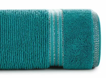 Ręcznik 70x140 FILON turkusowy zdobiony bordiurą w prążki z połyskującą srebrną nicią