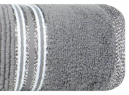 Ręcznik 50x90 FILON srebrny zdobiony bordiurą w prążki z połyskującą srebrną nicią