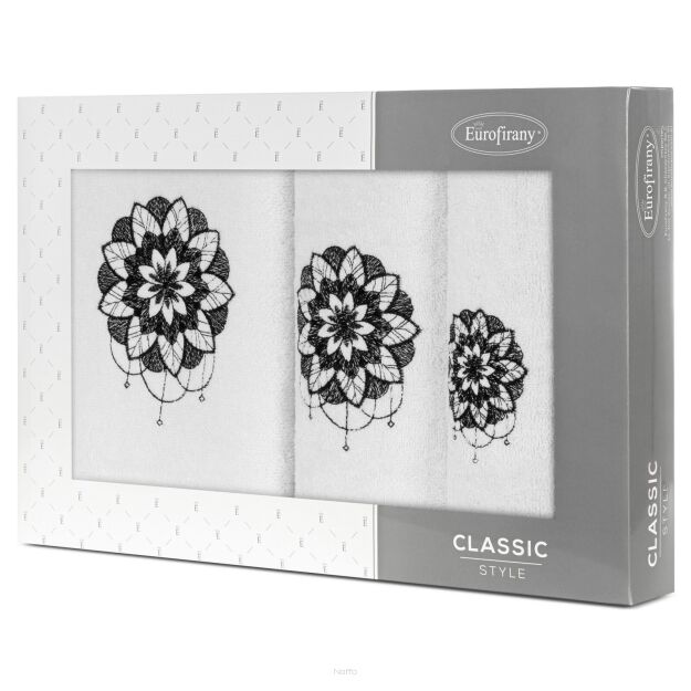 Komplet ręczników 3 szt. LOTUS białe z haftowanym czarnym wzorem kwiatu lotosu w kartonowym pudełku
