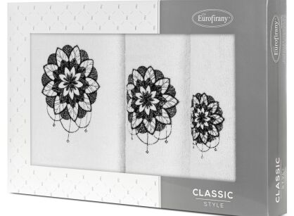 Komplet ręczników 3 szt. LOTUS białe z haftowanym czarnym wzorem kwiatu lotosu w kartonowym pudełku
