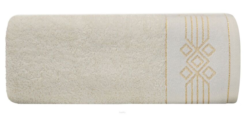 Ręcznik bawełniany 70x140 KAMELA kremowy z bordiurą z geometrycznym srebrnym ornamentem