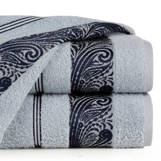 Ręcznik bawełniany 70x140 SYLWIA 1 niebieski z bordiurą żakardową w ornamentowy wzór