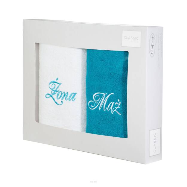 Komplet ręczników 2x70x140 MĄŻ ŻONA białe turkusowe haftowane w kartonowym pudełku