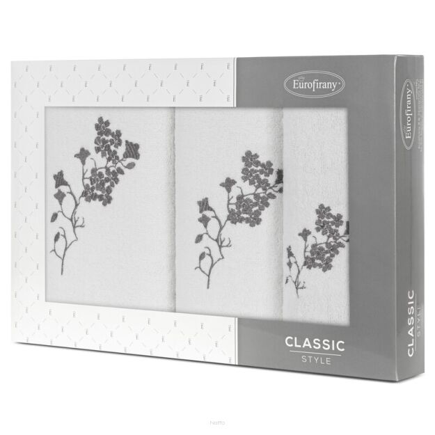 Komplet ręczników 3 szt. BLOSSOM białe z haftowanym grafitowym wzorem kwiatowym w kartonowym pudełku