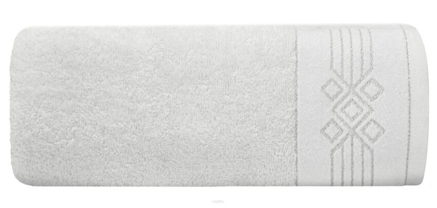Ręcznik bawełniany 70x140 KAMELA biały z bordiurą z geometrycznym srebrnym ornamentem