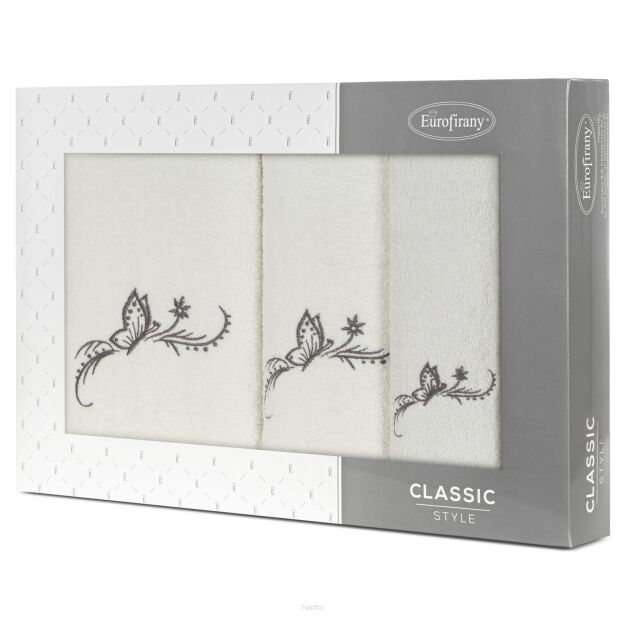 Komplet ręczników 3 szt. FAIRY kremowe z haftowanym grafitowym wzorem motyli w kartonowym pudełku