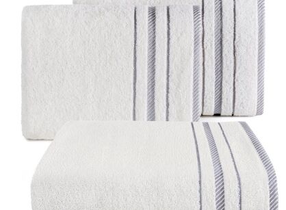 Ręcznik bawełniany 70x140 KORAL biały zdobiony subtelną bordiurą w pasy