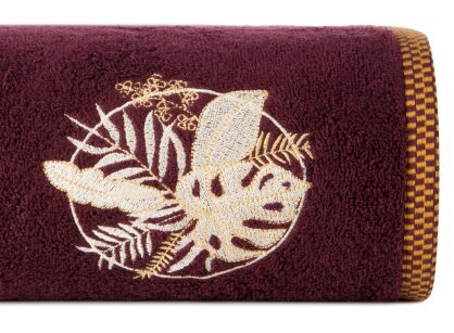 Ręcznik bawełniany 70x140 PALMS bordowy z wyhaftowanym złotym wzorem egzotycznych liści