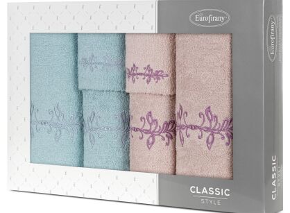 Komplet ręczników 6 szt. KAMELIA pudrowe miętowe z haftowanym wzorem delikatnych listków w kartonowym pudełku