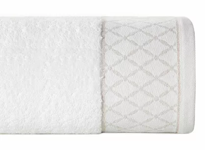 Ręcznik bawełniany 50x90 LAYLA biały z szeroką bordiurą w romby przetykaną błyszczącą nicią