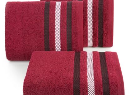 Ręcznik bawełniany 50x90 GRACJA czerwony z welurową bordiurą w 3 pasy z dodatkiem lśniącej nici