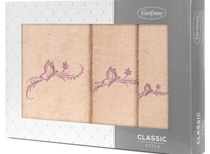 Komplet ręczników 3 szt. FAIRY pudrowe z haftowanym liliowym wzorem motyli w kartonowym pudełku