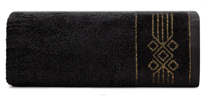 Ręcznik bawełniany 70x140 KAMELA czarny z bordiurą z geometrycznym srebrnym ornamentem