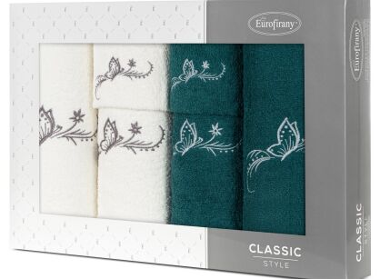 Komplet ręczników 6 szt. FAIRY ciemna zieleń kremowe z haftowanym wzorem motyli w kartonowym pudełku