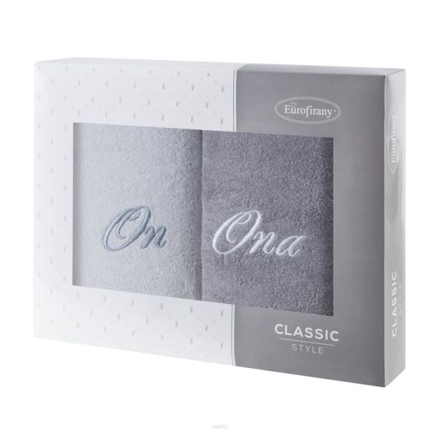 Komplet ręczników 2x70x140 ON ONA popielate białe haftowane w kartonowym pudełku