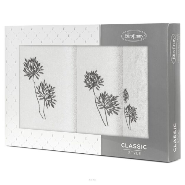 Komplet ręczników 3 szt. ACELIA białe z haftowanym grafitowym wzorem kwiatów facelii w kartonowym pudełku