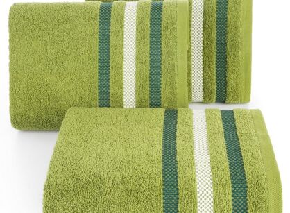 Ręcznik bawełniany 50x90 GRACJA oliwkowy z welurową bordiurą w 3 pasy z dodatkiem lśniącej nici