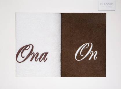 Komplet ręczników ON ONA kremowe brązowe haftowane w kartonowym pudełku 2x70x140