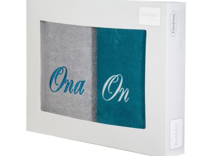 Komplet ręczników  2x50x90 ON ONA popielate ciemny turkus haftowane w kartonowym pudełku