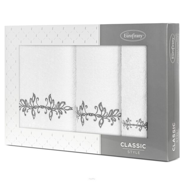 Komplet ręczników 3 szt. KAMELIA białe z haftowanym grafitowym wzorem delikatnych listków w kartonowym pudełku