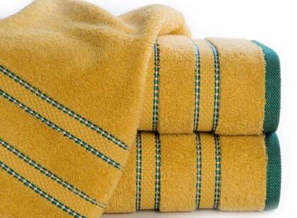 Ręcznik bawełniany 100x150 KRISTI musztardowy z żakardową bordiurą w pasy