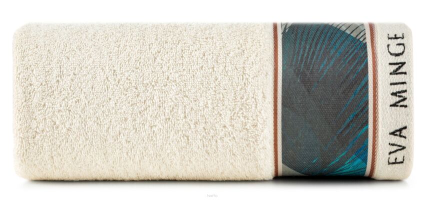 Ręcznik 50x90 EVA 3 Eva Minge kremowy zdobiony drukowaną bordiurą z wzorem niebieskiego liścia
