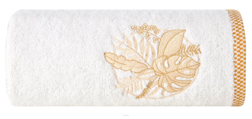 Ręcznik bawełniany 70x140 PALMS biały z wyhaftowanym złotym wzorem egzotycznych liści
