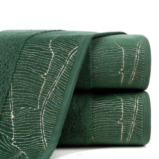 Ręcznik bawełniany 30x50 METALIC zielony z bordiurą z wzorem liści bananowca i złotą nicią