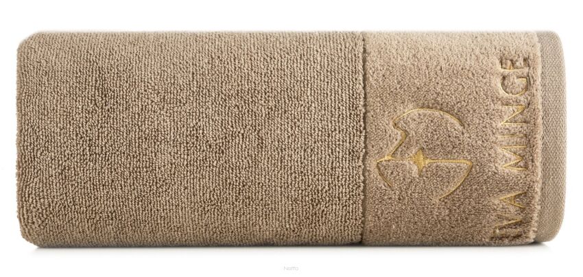 Ręcznik bawełniany 70x140 GAJA Eva Minge beżowy z welwetową bordiurą sygnowaną logo projektantki