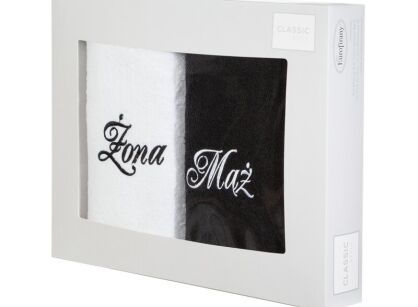 Komplet ręczników 2x70x140 MĄŻ ŻONA białe czarne haftowane w kartonowym pudełku