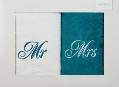 Komplet ręczników MR MRS białe ciemny turkus 2x50x90