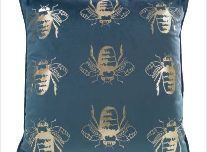 Poszewka welwetowa 45x45 BLINK 15H niebieska z błyszczącym złotym nadrukiem pszczół
