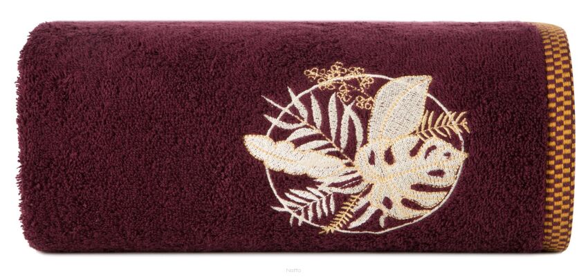 Ręcznik bawełniany 50x90 PALMS bordowy z wyhaftowanym złotym wzorem egzotycznych liści