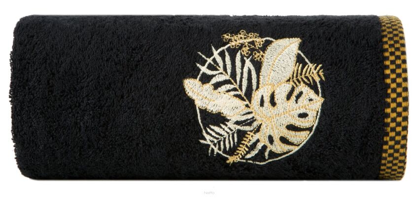 Ręcznik bawełniany 70x140 PALMS czarny z wyhaftowanym złotym wzorem egzotycznych liści