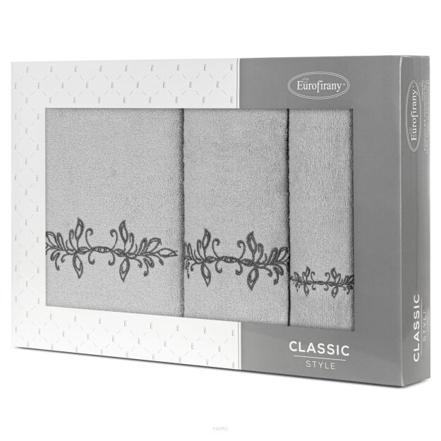 Komplet ręczników 3 szt. KAMELIA srebrne z haftowanym grafitowym wzorem delikatnych listków w kartonowym pudełku