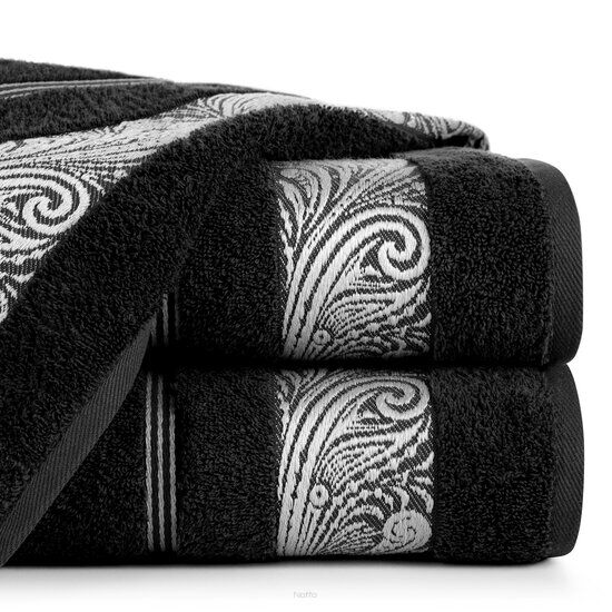 Ręcznik bawełniany 50x90 SYLWIA 1 czarny z bordiurą żakardową w ornamentowy wzór
