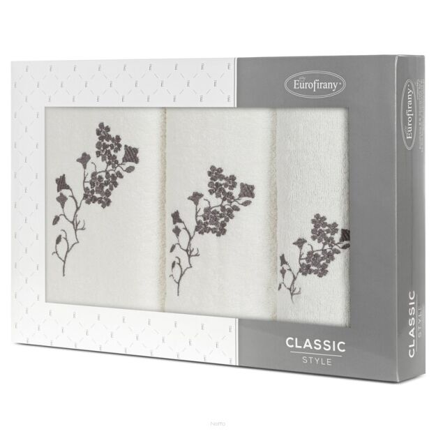 Komplet ręczników 3 szt. BLOSSOM kremowe z haftowanym grafitowym wzorem kwiatowym w kartonowym pudełku