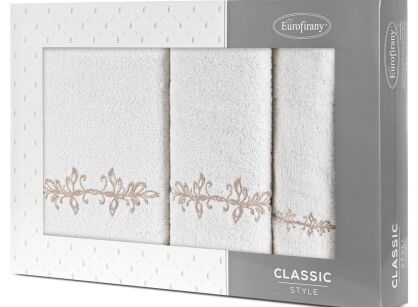 Komplet ręczników 3 szt. KAMELIA kremowe z haftowanym beżowym wzorem delikatnych listków w kartonowym pudełku