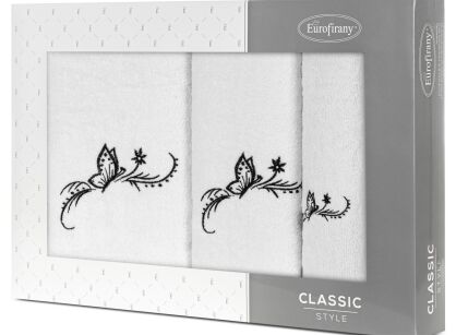 Komplet ręczników 3 szt. FAIRY białe z haftowanym czarnym wzorem motyli w kartonowym pudełku
