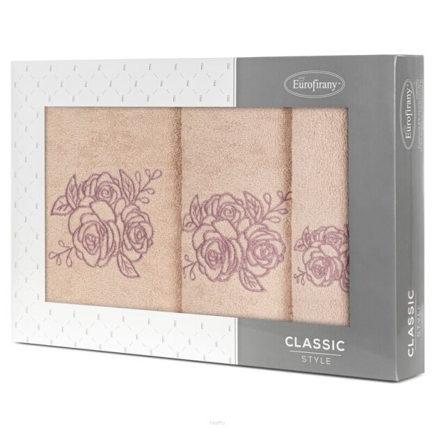 Komplet ręczników 3 szt. ROSALIA pudrowe z haftowanym liliowym wzorem różyczek w kartonowym pudełku