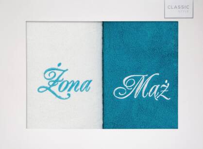 Komplet ręczników MĄŻ ŻONA białe turkusowe haftowane w kartonowym pudełku 2x50x90