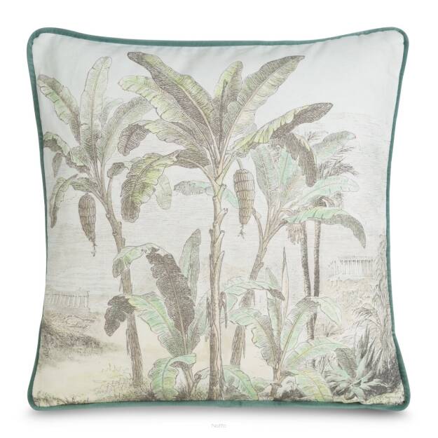 Poszewka bawełniana 45x45 COLONI naturalna zielona z wzorem palm z wypustką na brzegach