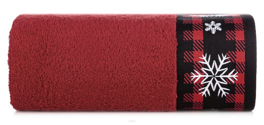 Ręcznik świąteczny 70x140 RUDOLF 1 czerwony z bordiurą w kratkę i wyhaftowanymi białymi śnieżynkami