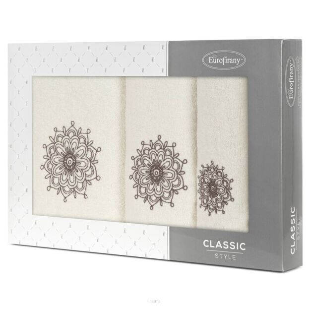Komplet ręczników 3 szt. ROSETTE biały z haftowanym grafitowym wzorem rozety w kartonowym pudełku