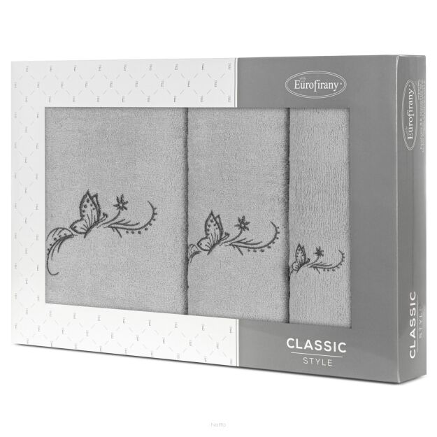 Komplet ręczników 3 szt. FAIRY srebrne z haftowanym grafitowym wzorem motyli w kartonowym pudełku