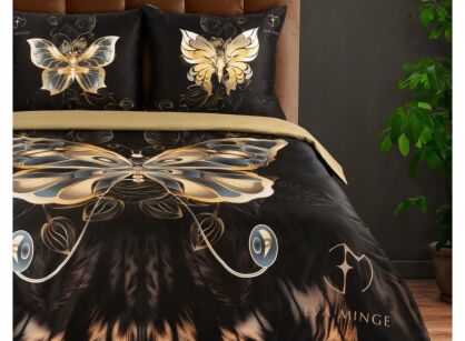 Pościel z makosatyny 220x200 MINGE 7 Eva Minge czarna oliwkowa ze złotym nadrukiem motyla i logo projektantki