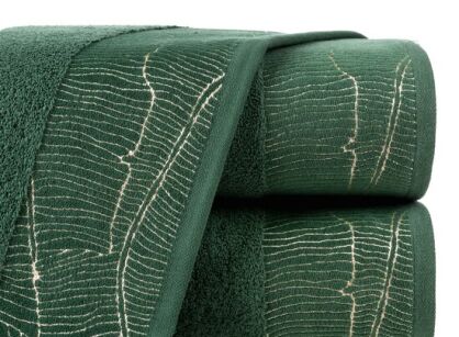 Ręcznik bawełniany 70x140 METALIC zielony z bordiurą z wzorem liści bananowca i złotą nicią