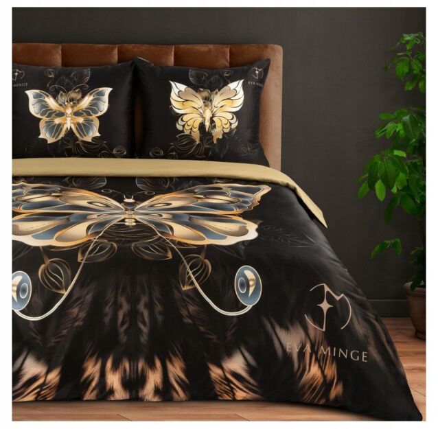 Pościel z makosatyny 160x200 MINGE 7 Eva Minge czarna oliwkowa ze złotym nadrukiem motyla i logo projektantki